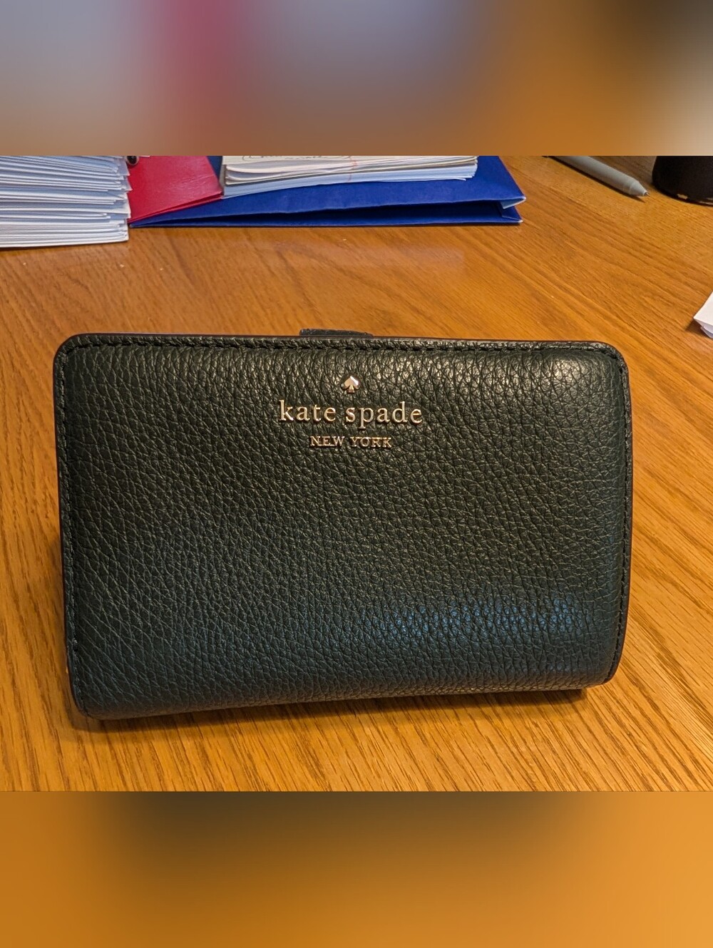 kate spade Dark Green Leather Bifold Wallet with Gold Logo